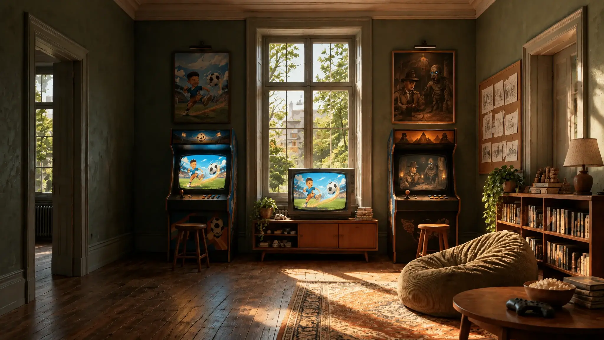 A dark green room turned into an arcade, with Joel Football and Mummy Scape on the cabinet screens