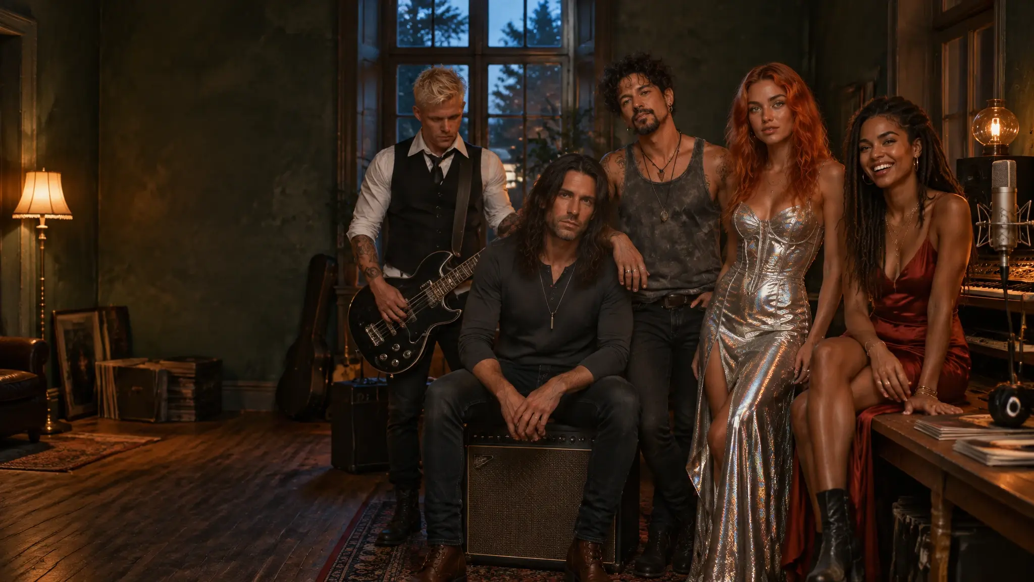 Freya, Lola and the three members of Metal to the Core together in a dark green music studio at dusk