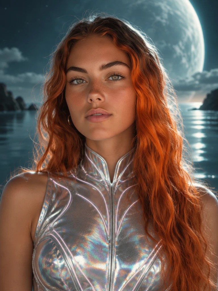 Portrait of Freya in a liquid-silver top, a planet rising behind her