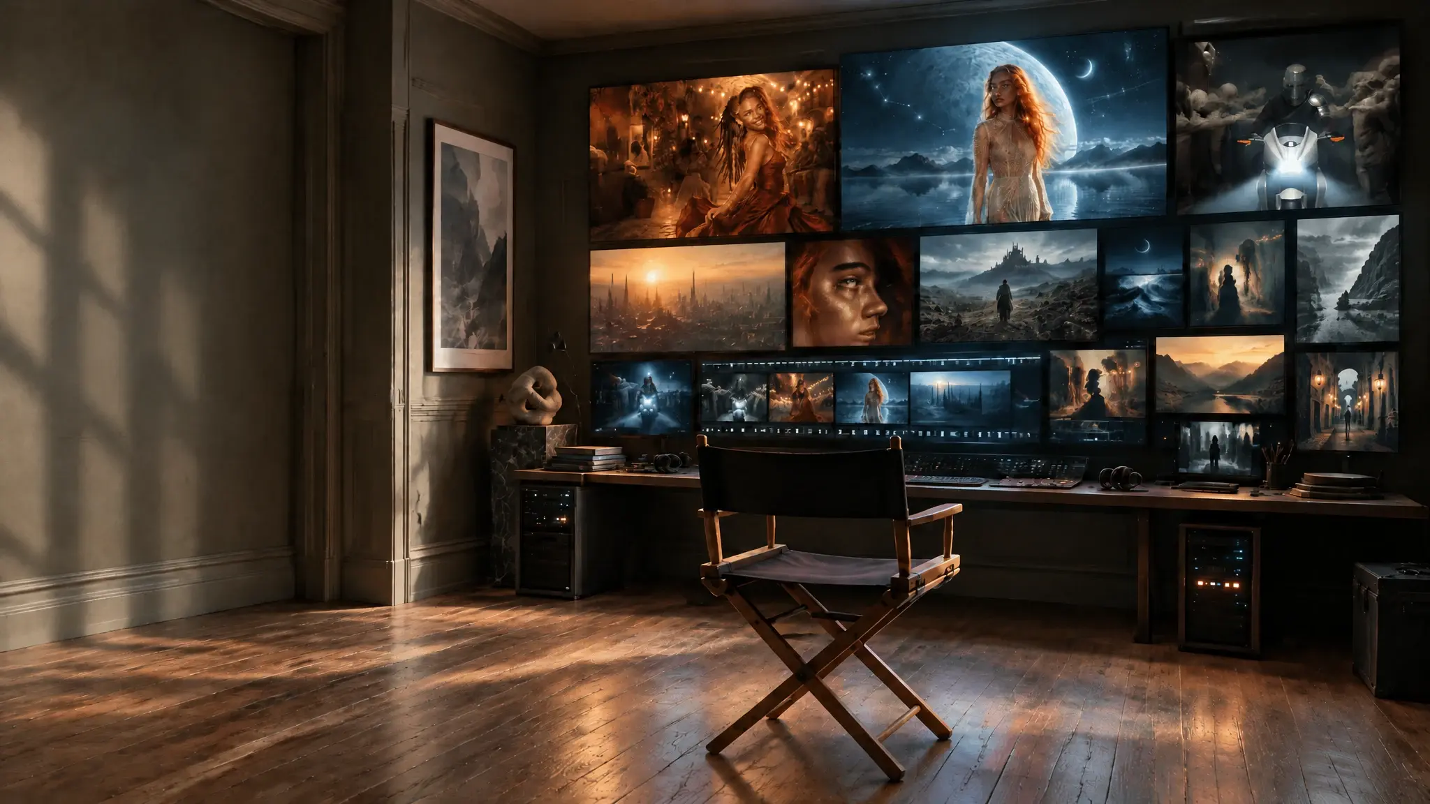 An editing suite with an empty director's chair facing a wall of monitors, each showing a frame from Luis Nomad's films: Freya under a huge moon, Lola dancing, the masked king on a motorbike, a city at sunrise